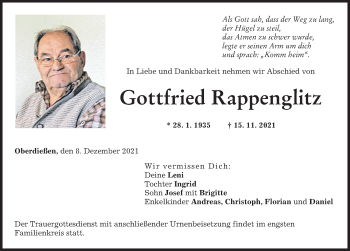 Traueranzeige von Gottfried Rappenglitz von Landsberger Tagblatt