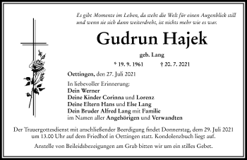 Traueranzeige von Gudrun Hajek von Rieser Nachrichten