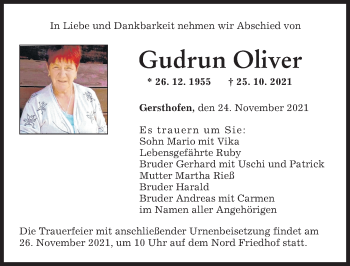 Traueranzeige von Gudrun Oliver von Augsburger Allgemeine