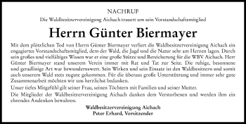 Traueranzeige von Günter Biermayer von Friedberger Allgemeine, Aichacher Nachrichten