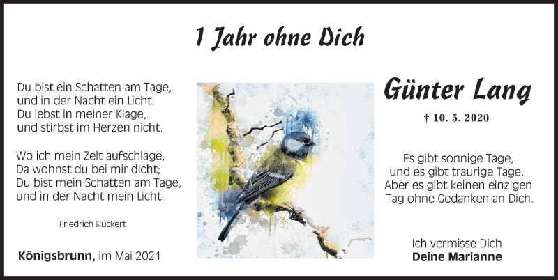  Traueranzeige für Günter Lang vom 10.05.2021 aus Augsburger Allgemeine