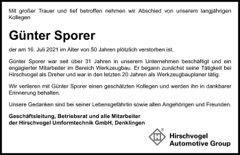 Traueranzeige von Günter Sporer von Landsberger Tagblatt
