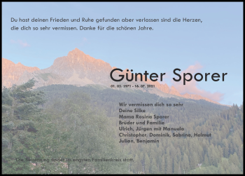 Traueranzeige von Günter Sporer von Landsberger Tagblatt