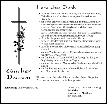 Traueranzeige von Günther Duchon von Landsberger Tagblatt