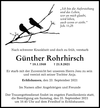 Traueranzeige von Günther Rohrhirsch von Günzburger Zeitung