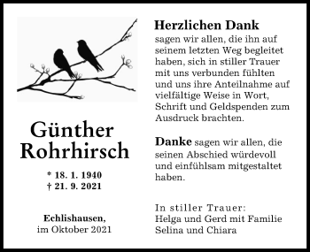 Traueranzeige von Günther Rohrhirsch von Günzburger Zeitung