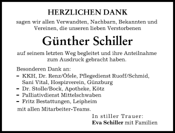 Traueranzeige von Günther Schiller von Günzburger Zeitung