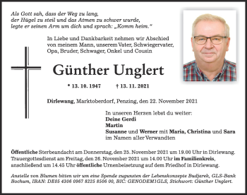 Traueranzeige von Günther Unglert von Mindelheimer Zeitung