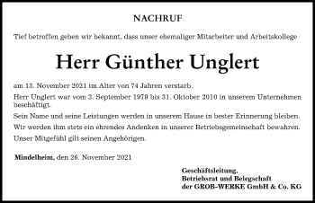 Traueranzeige von Günther Unglert von Mindelheimer Zeitung