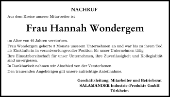 Traueranzeige von Hannah Wondergem von Mindelheimer Zeitung