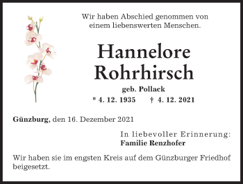 Traueranzeige von Hannelore Rohrhirsch von Günzburger Zeitung