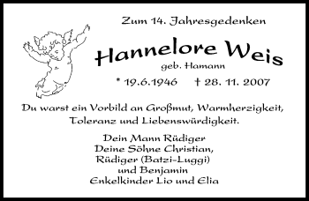 Traueranzeige von Hannelore Weis von Augsburger Allgemeine