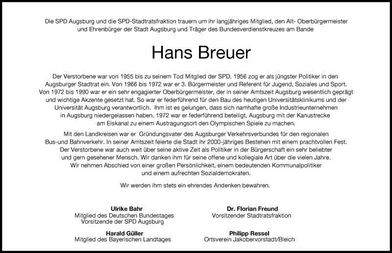  Traueranzeige für Hans Breuer vom 19.06.2021 aus Augsburger Allgemeine