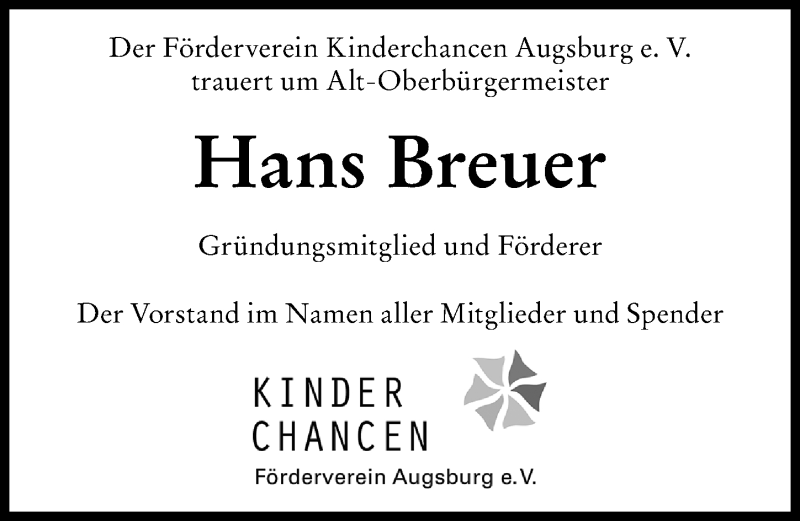  Traueranzeige für Hans Breuer vom 19.06.2021 aus Augsburger Allgemeine