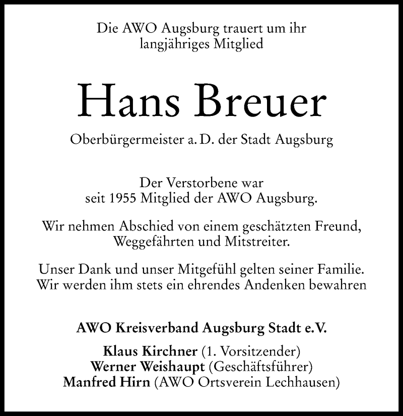  Traueranzeige für Hans Breuer vom 19.06.2021 aus Augsburger Allgemeine