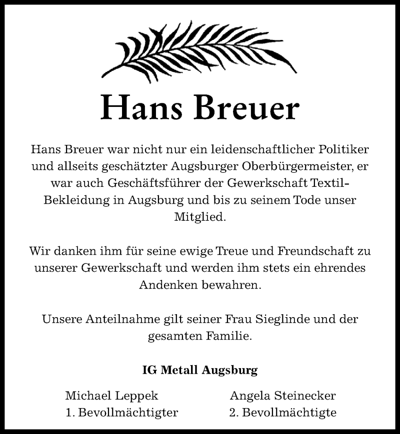  Traueranzeige für Hans Breuer vom 19.06.2021 aus Augsburger Allgemeine