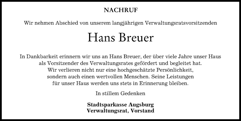  Traueranzeige für Hans Breuer vom 19.06.2021 aus Augsburger Allgemeine