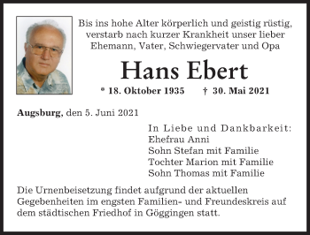 Traueranzeige von Hans Ebert von Augsburger Allgemeine