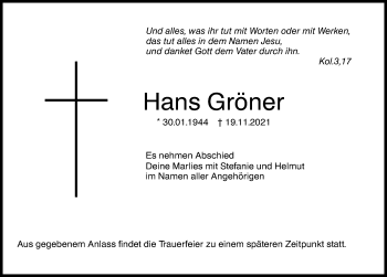 Traueranzeige von Hans Gröner von Augsburger Allgemeine