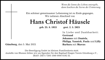 Traueranzeige von Hans Christof Häusele von Günzburger Zeitung