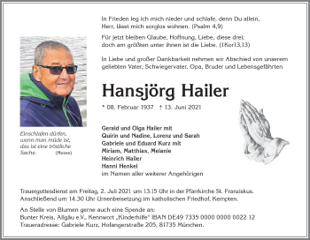 Traueranzeige von Hansjörg Hailer von Allgäuer Zeitung,Kempten