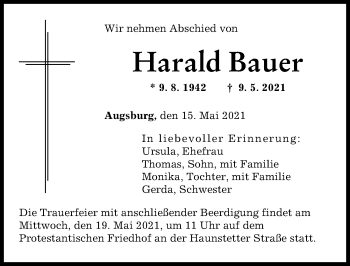 Traueranzeige von Harald Bauer von Augsburger Allgemeine