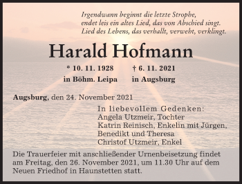 Traueranzeige von Harald Hofmann von Augsburger Allgemeine