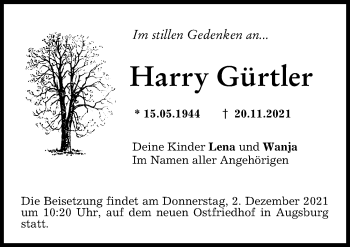 Traueranzeige von Harry Gürtler von Augsburger Allgemeine