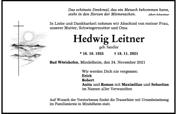 Traueranzeige von Hedwig Leitner von Mindelheimer Zeitung