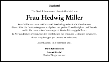 Traueranzeige von Hedwig Miller von Günzburger Zeitung