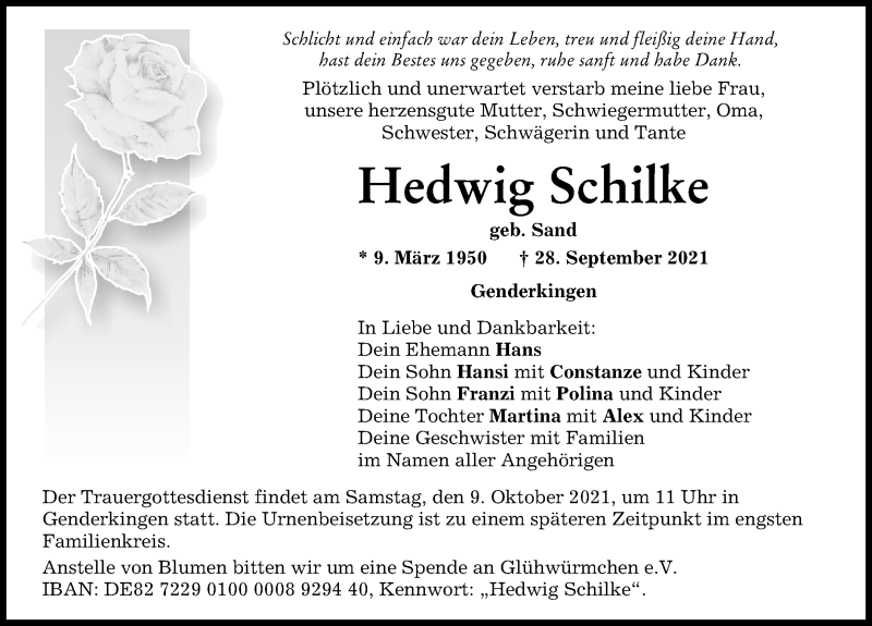  Traueranzeige für Hedwig Schilke vom 06.10.2021 aus Donauwörther Zeitung