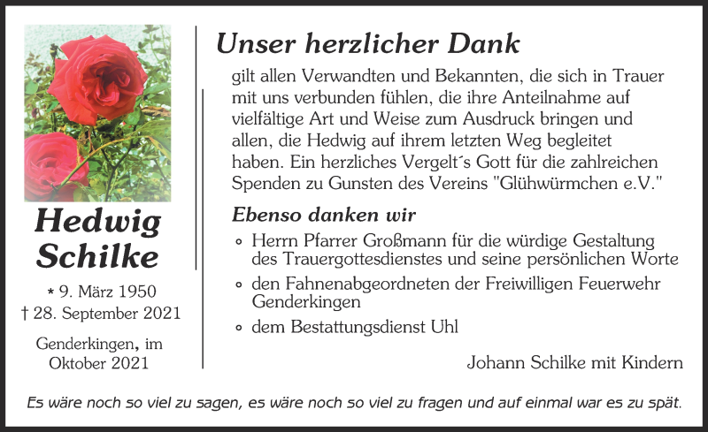  Traueranzeige für Hedwig Schilke vom 16.10.2021 aus Donauwörther Zeitung