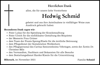 Traueranzeige von Hedwig Schmid von Neu-Ulmer Zeitung