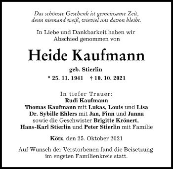 Traueranzeige von Heide Kaufmann von Günzburger Zeitung