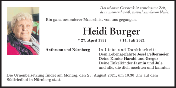 Traueranzeige von Heidi Burger von Aichacher Nachrichten