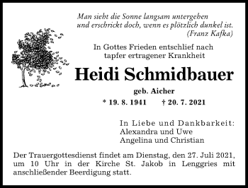 Traueranzeige von Heidi Schmidbauer von Augsburger Allgemeine