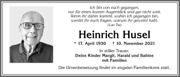 Traueranzeige von Heinrich Husel von Rieser Nachrichten