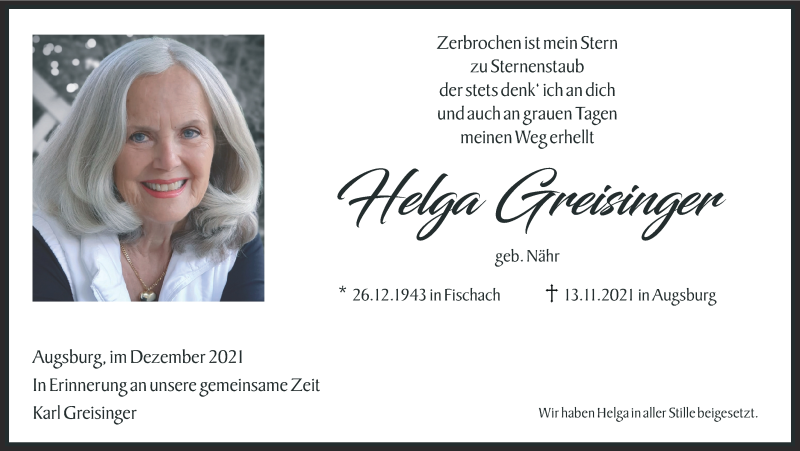  Traueranzeige für Helga Greisinger vom 04.12.2021 aus Augsburger Allgemeine