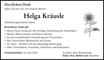 Traueranzeige von Helga Kräusle von Illertisser Zeitung