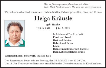 Traueranzeige von Helga Kräusle von Illertisser Zeitung