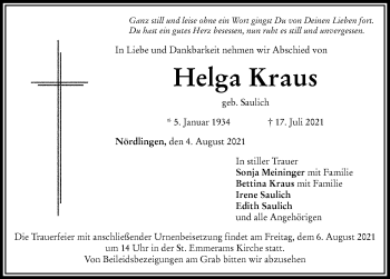 Traueranzeige von Helga Kraus von Rieser Nachrichten
