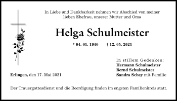 Traueranzeige von Helga Schulmeister von Augsburg-Land