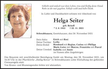 Traueranzeige von Helga Seiter von Landsberger Tagblatt