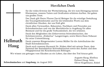 Traueranzeige von Hellmuth Haug von Schwabmünchner Allgemeine, Augsburger Allgemeine