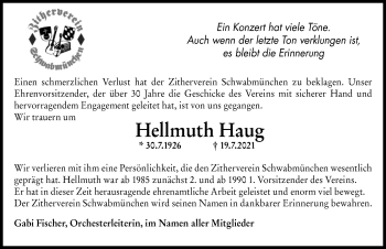 Traueranzeige von Hellmuth Haug von Schwabmünchner Allgemeine