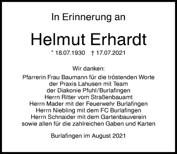 Traueranzeige von Helmut Erhardt von Augsburger Allgemeine