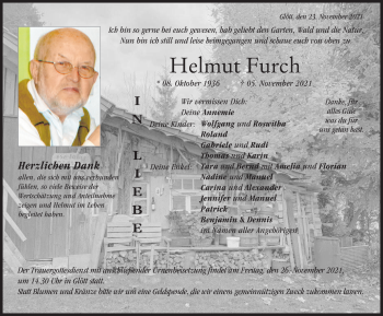 Traueranzeige von Helmut Furch von Donau Zeitung