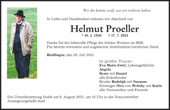 Traueranzeige von Helmut Proeller von Donauwörther Zeitung