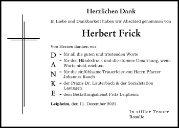 Traueranzeige von Herbert Frick von Günzburger Zeitung