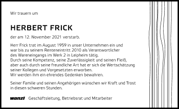 Traueranzeige von Herbert Frick von Günzburger Zeitung